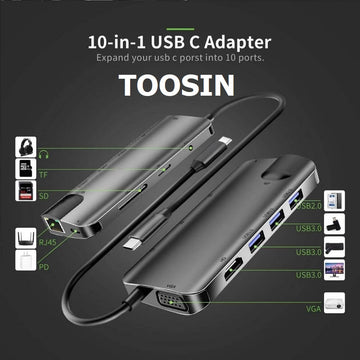 TOOSIN 10-in-1 USB C Hub Type C Hub Adapter with 4K HDMI VGA Ethernet Port 2x USB 3.0 1x USB 2.0 100W PD Charging SD/TF Card Reader 3.5mm Audio Jack - Imported from UK